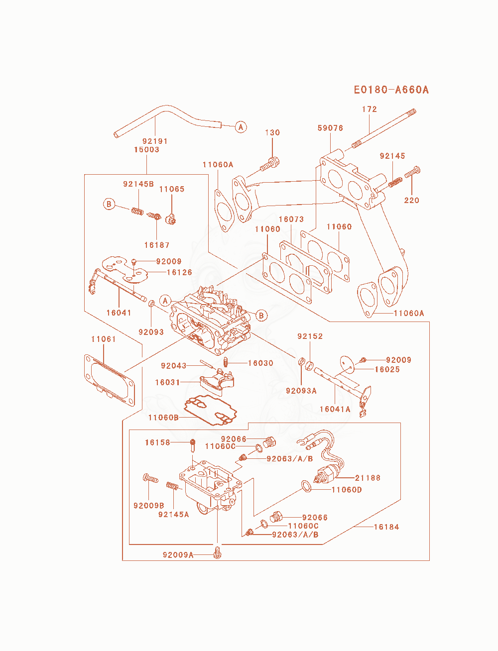 Despiece del Carburetor de un motor Kawasaki FH680D-BS08, con globos numerados