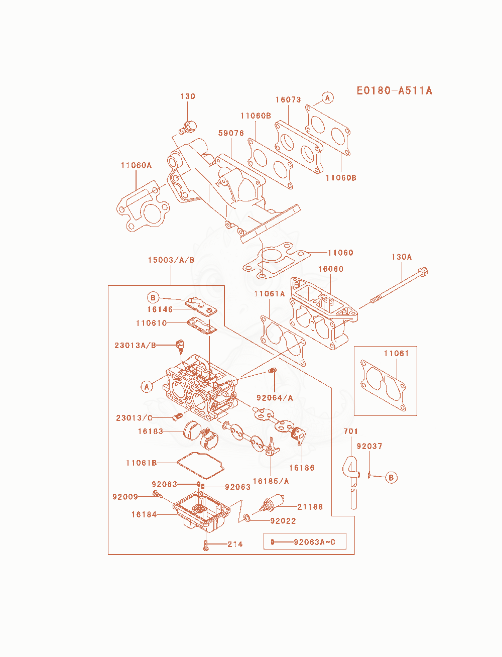 Despiece del Carburetor de un motor Kawasaki FD750D-AS04, con globos numerados