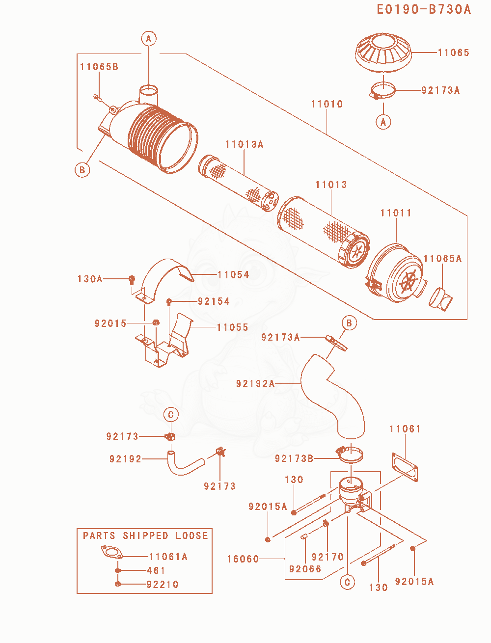 Despiece del Air-Filter / Muffler de un motor Kawasaki FX921V-HS00, con globos numerados
