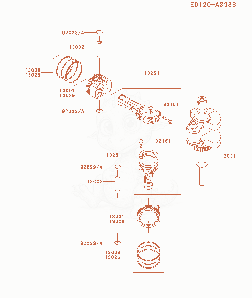 Despiece del Piston / Crankshaft de un motor Kawasaki FX651V-AS06, con globos numerados