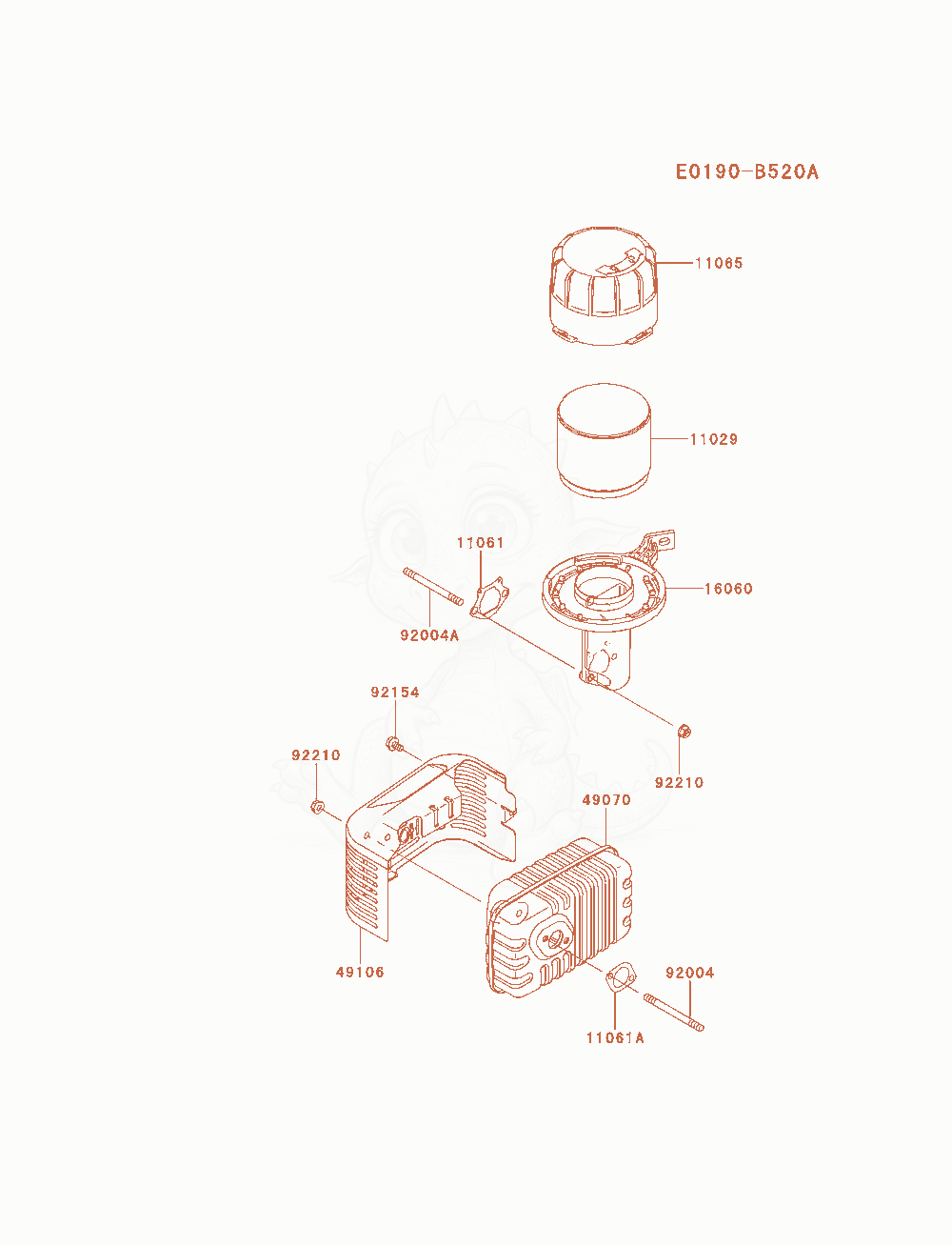 Despiece del Air-Filter / Muffler de un motor Kawasaki FJ180V-AM24, con globos numerados