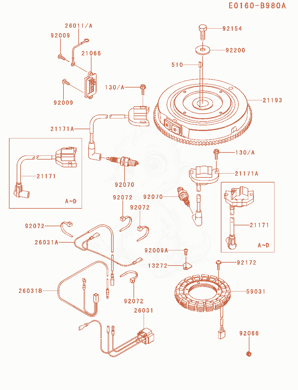 Despiece del Electric-Equipment de un motor Kawasaki FR651V-AS08, con globos numerados