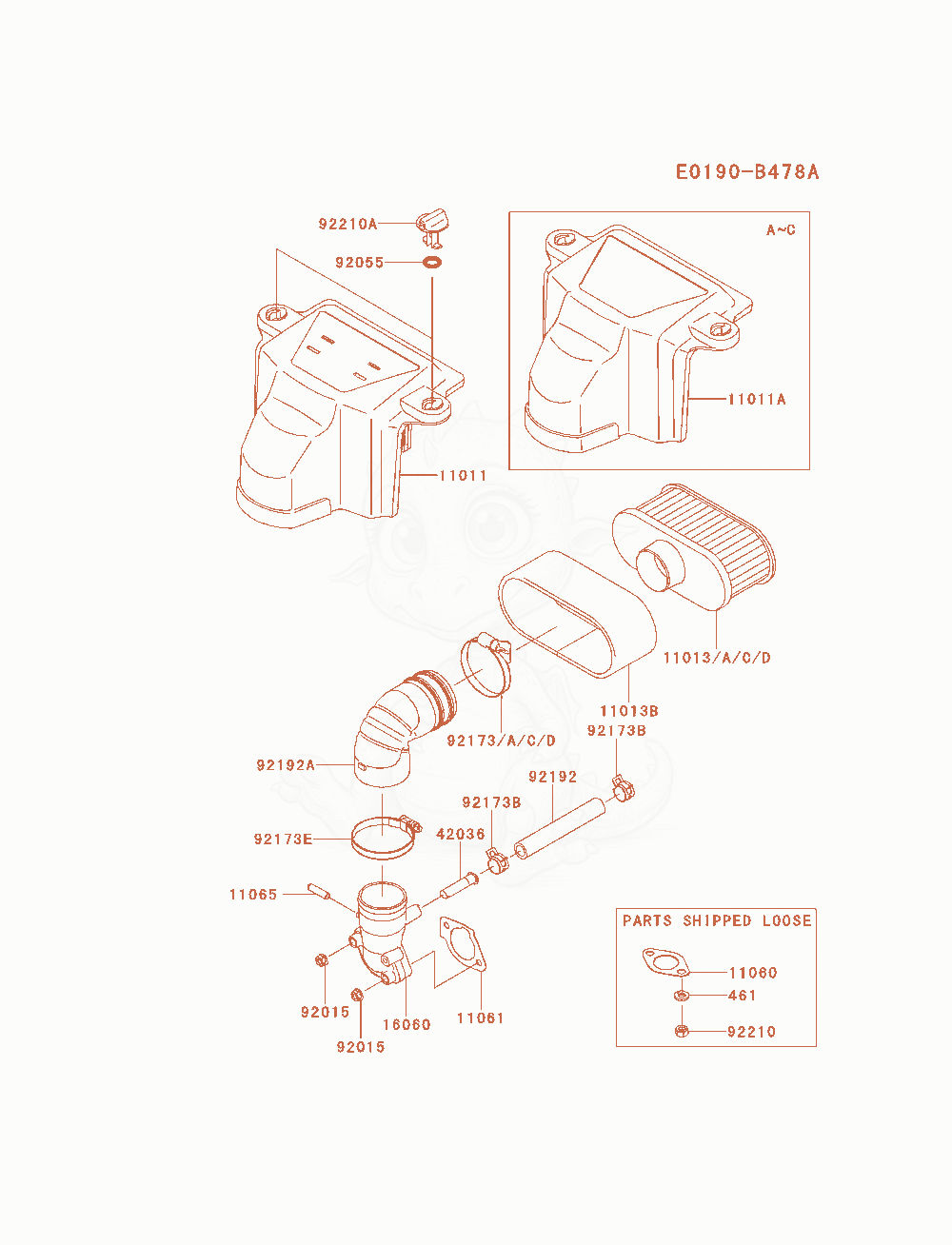 Despiece del Air-Filter / Muffler de un motor Kawasaki FS730V-AS06, con globos numerados