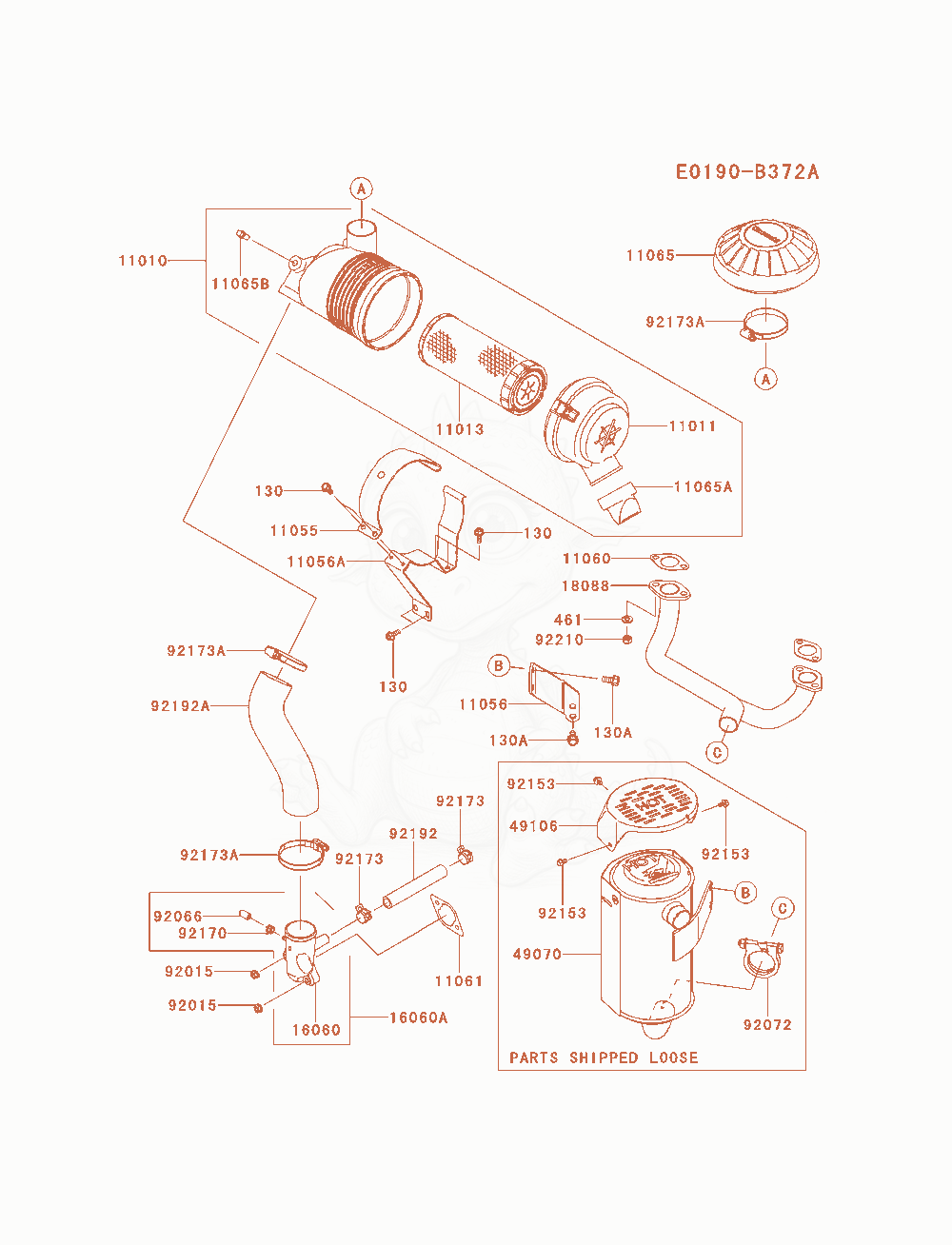 Despiece del Air-Filter / Muffler de un motor Kawasaki FX600V-AS15, con globos numerados