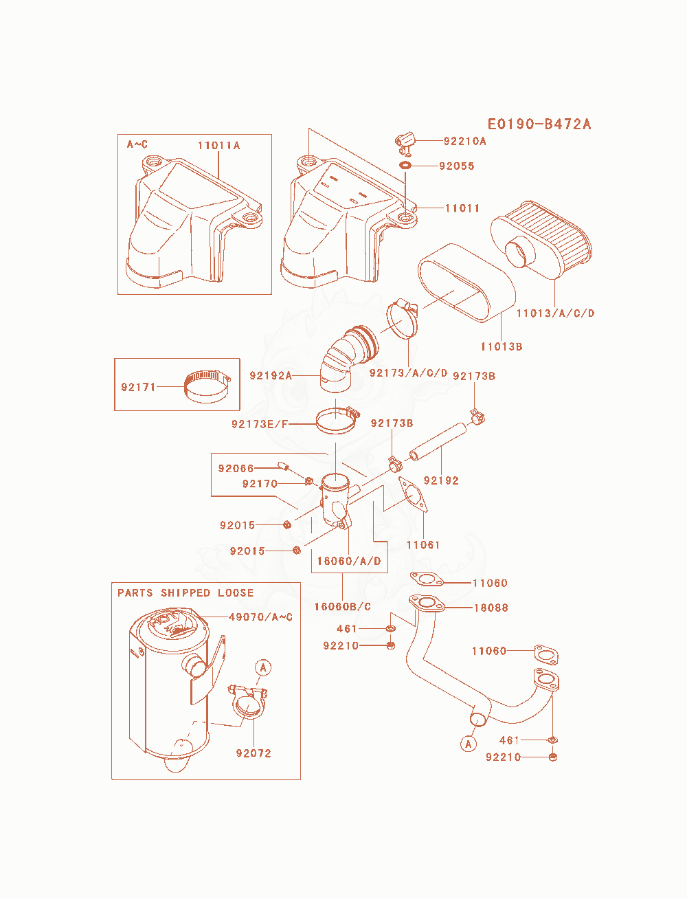 Despiece del Air-Filter / Muffler de un motor Kawasaki FS481V-AS08, con globos numerados