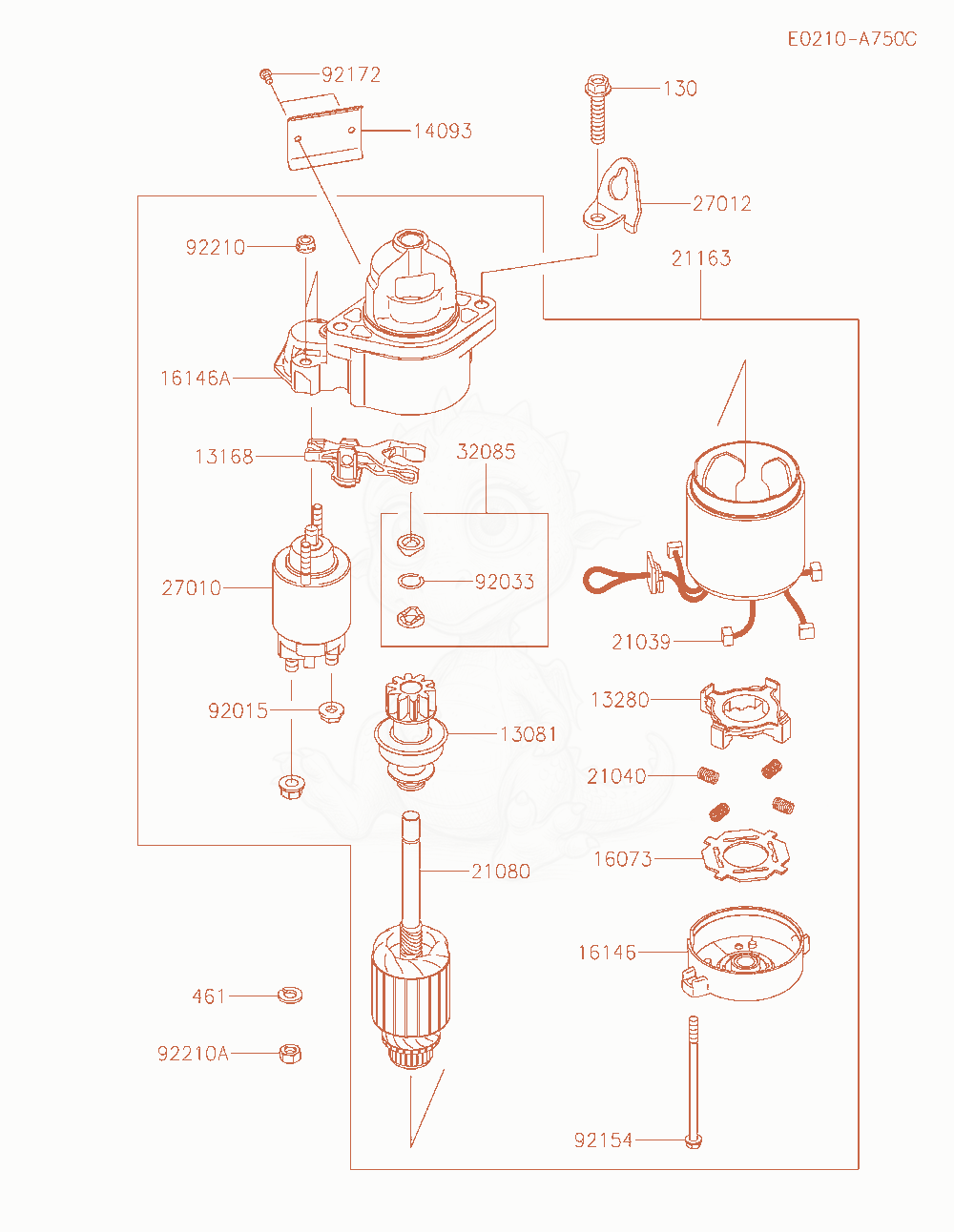 Despiece del Starter de un motor Kawasaki FX651V-AS16, con globos numerados