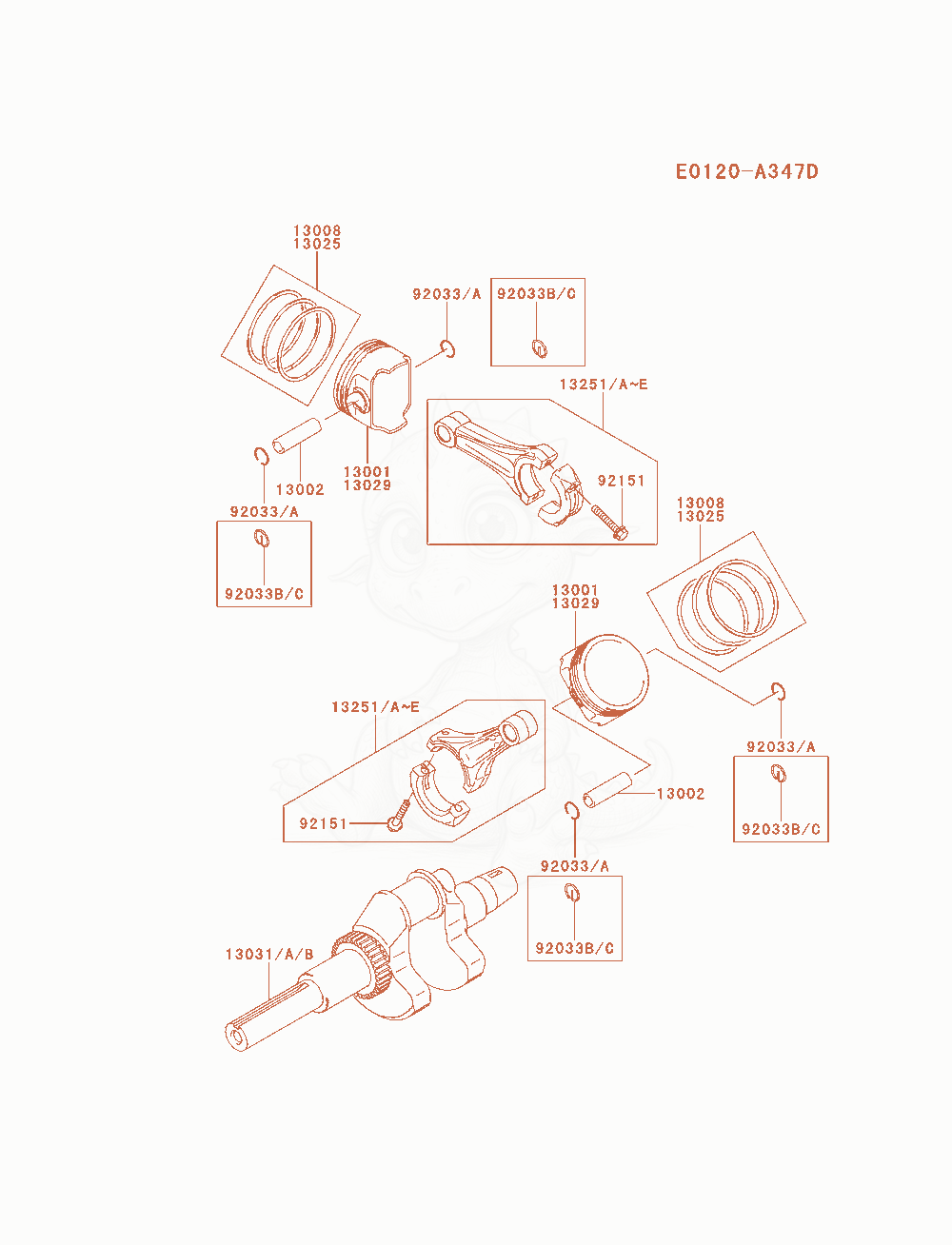 Despiece del Piston / Crankshaft de un motor Kawasaki FH680D-ES01, con globos numerados