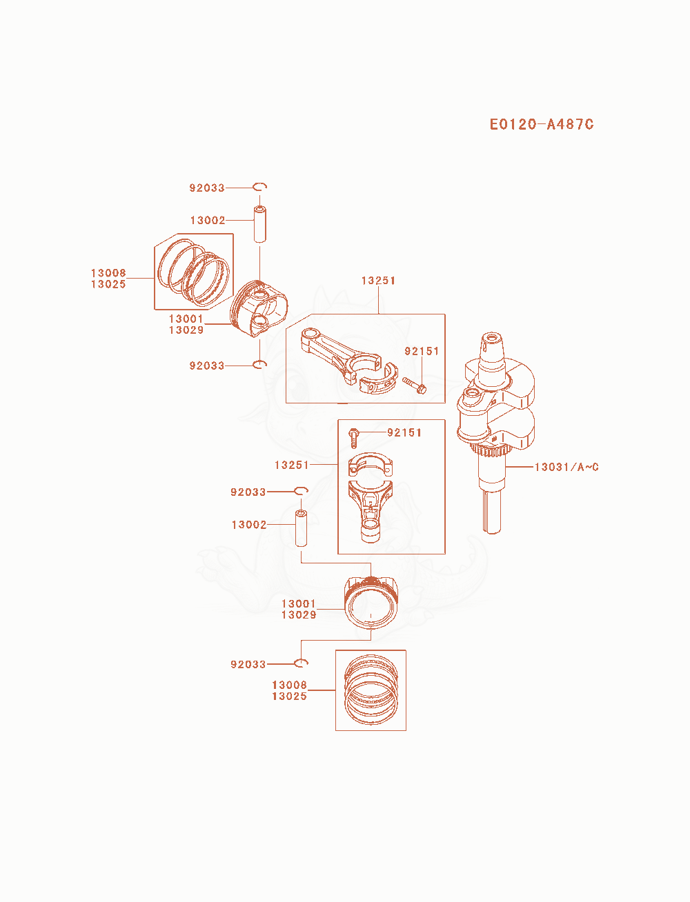 Despiece del Piston / Crankshaft de un motor Kawasaki FR651V-AS10, con globos numerados
