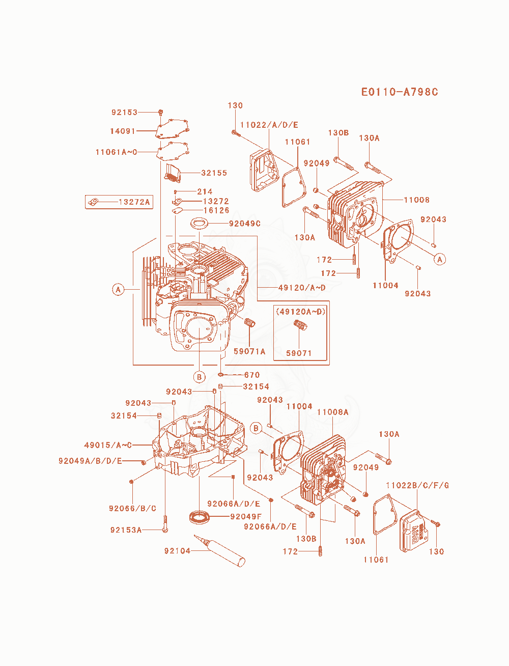 Despiece del Cylinder / Crankcase de un motor Kawasaki FS730V-AS00, con globos numerados