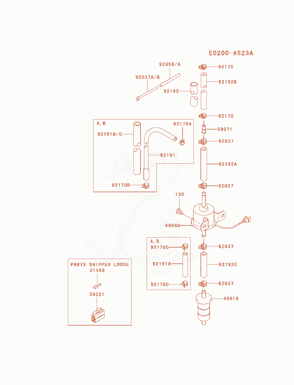 Despiece del Fuel-Tank / Fuel-Valve de un motor Kawasaki FD750D-BS05, con globos numerados