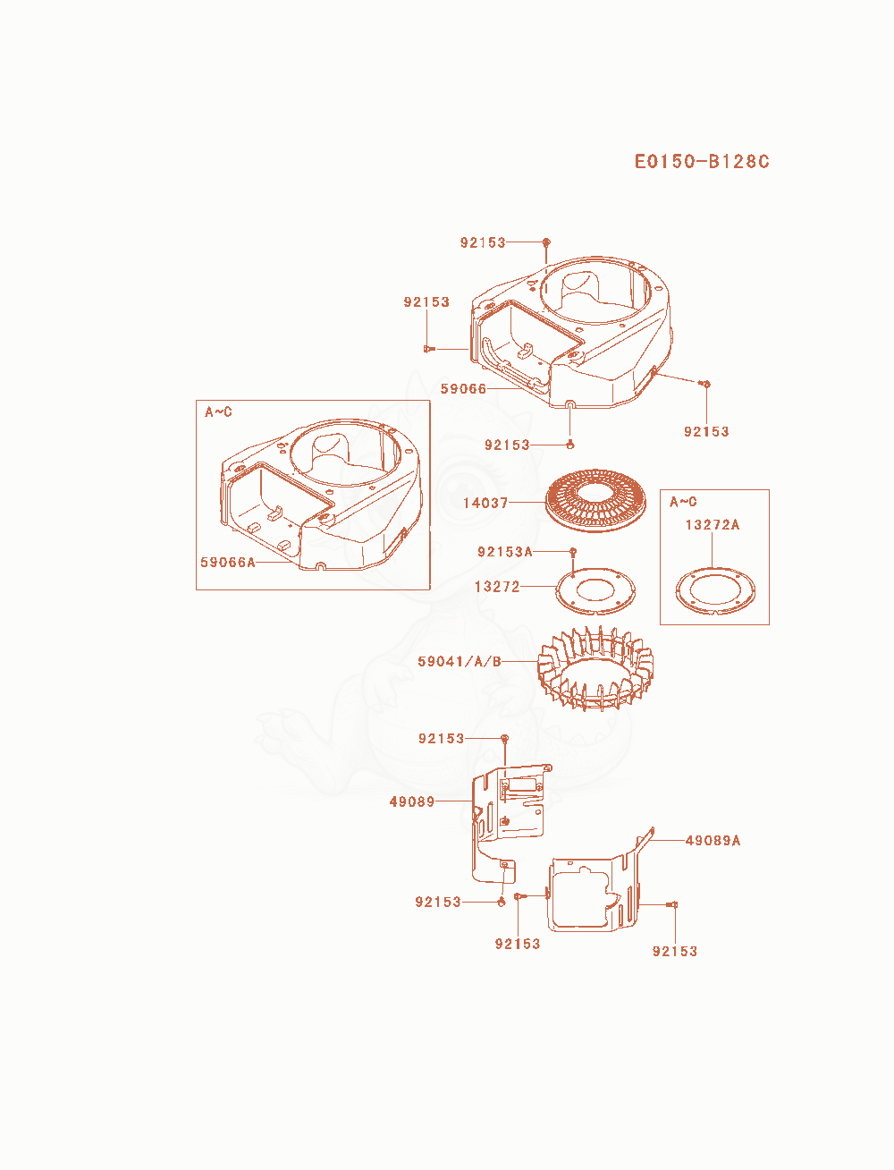 Despiece del Cooling-Equipment de un motor Kawasaki FS481V-AS21, con globos numerados