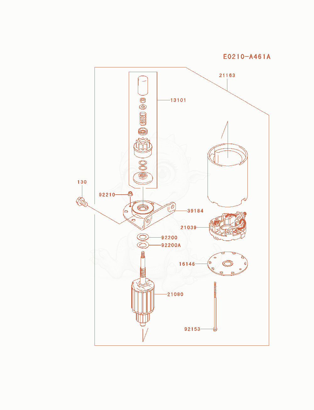 Despiece del Starter(Fh680-C00798-) de un motor Kawasaki FH680V-ES20, con globos numerados