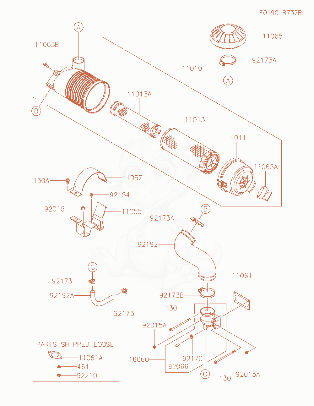 Despiece del Air-Filter / Muffler de un motor Kawasaki FXT00V-AS32, con globos numerados