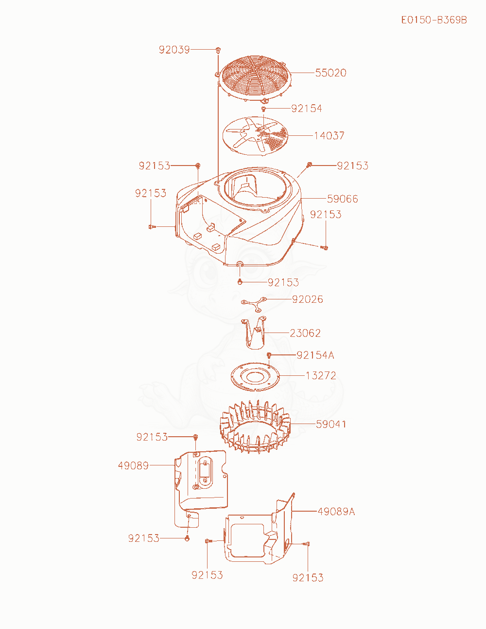 Despiece del Cooling-Equipment de un motor Kawasaki FR651V-AR04, con globos numerados