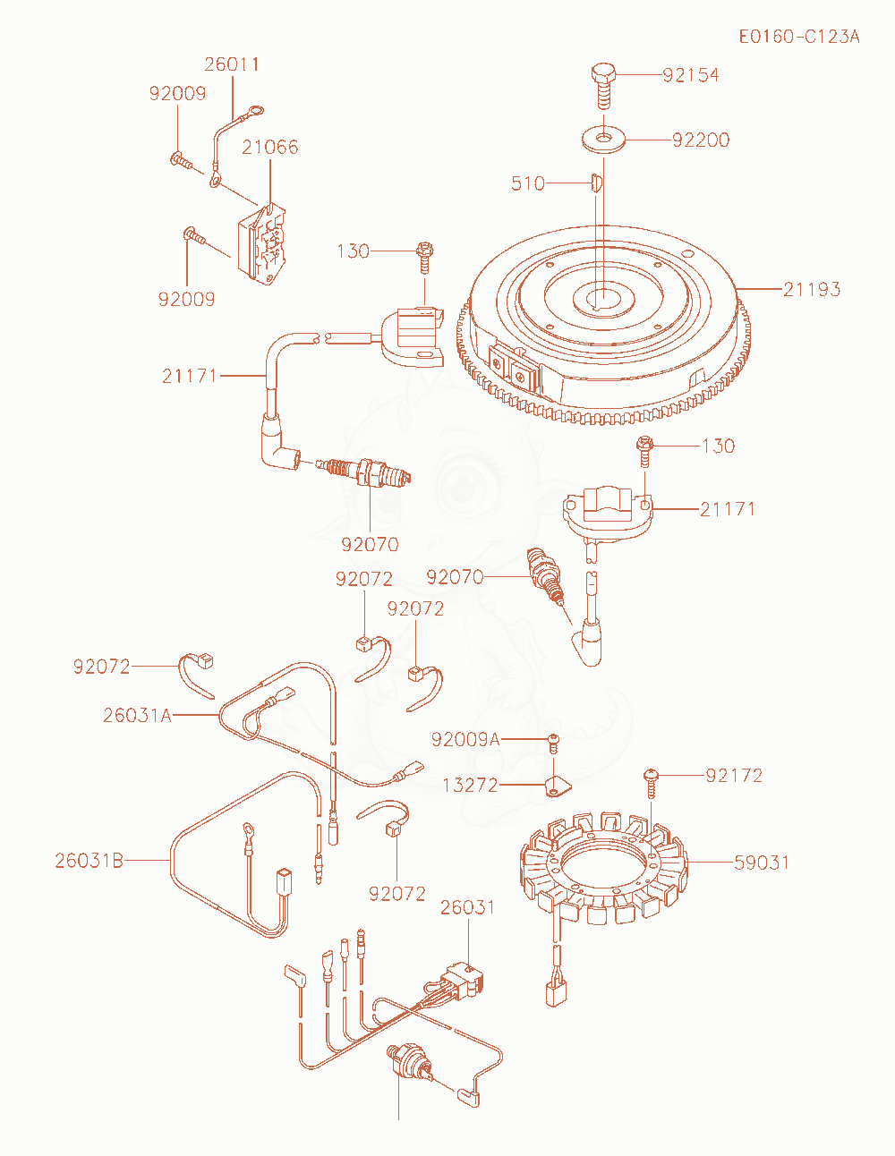 Despiece del Electric-Equipment de un motor Kawasaki FT730V-AS10, con globos numerados
