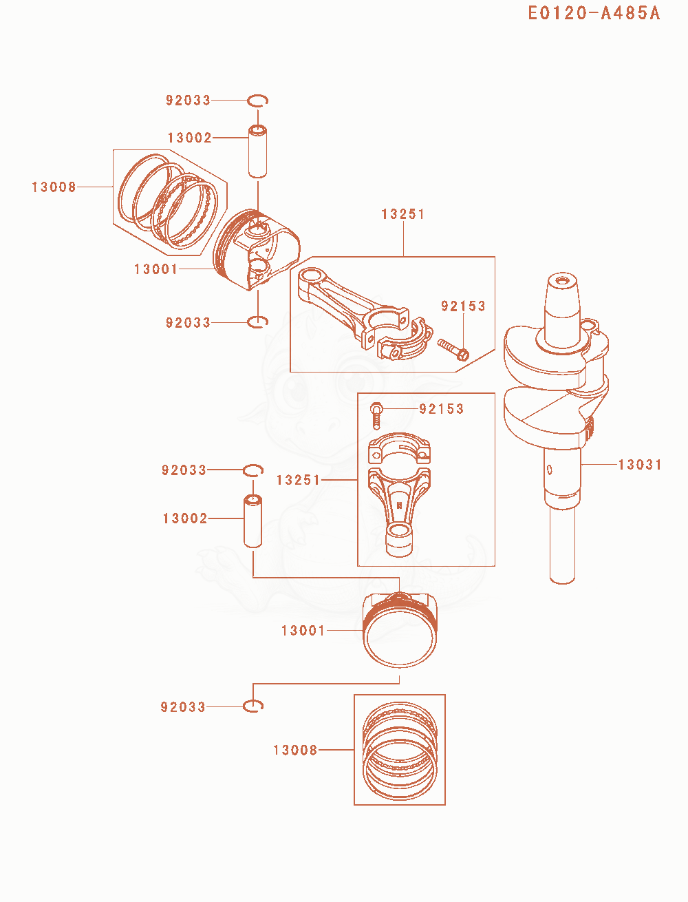 Exploded parts diagram of the Piston / Crankshaft of a Kawasaki FX850V-MS00 engine, with numbered balloons