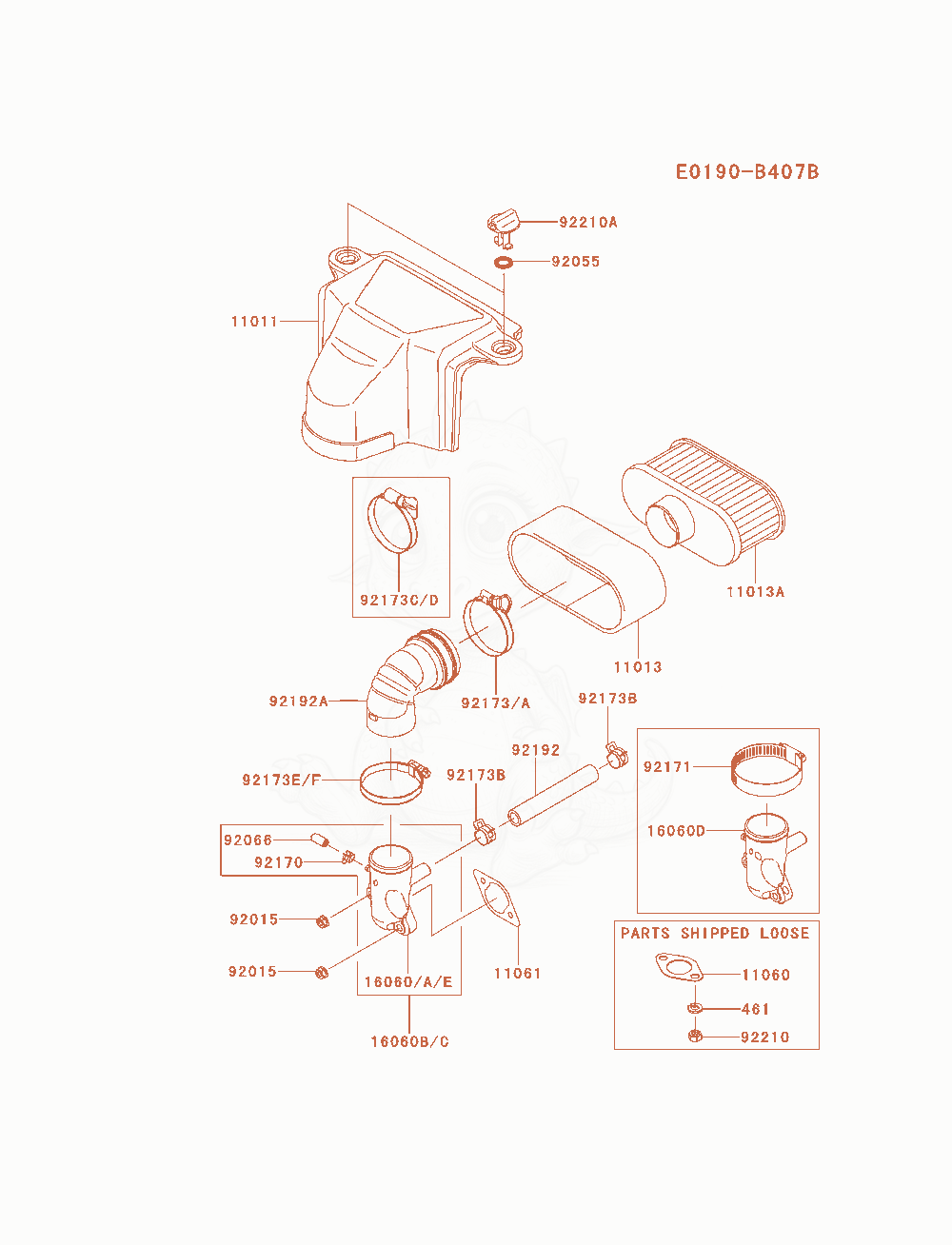 Despiece del Air-Filter / Muffler de un motor Kawasaki FS481V-AS05, con globos numerados