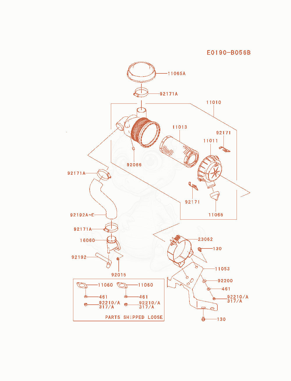 Despiece del Air-Filter / Muffler de un motor Kawasaki FH580V-AS35, con globos numerados