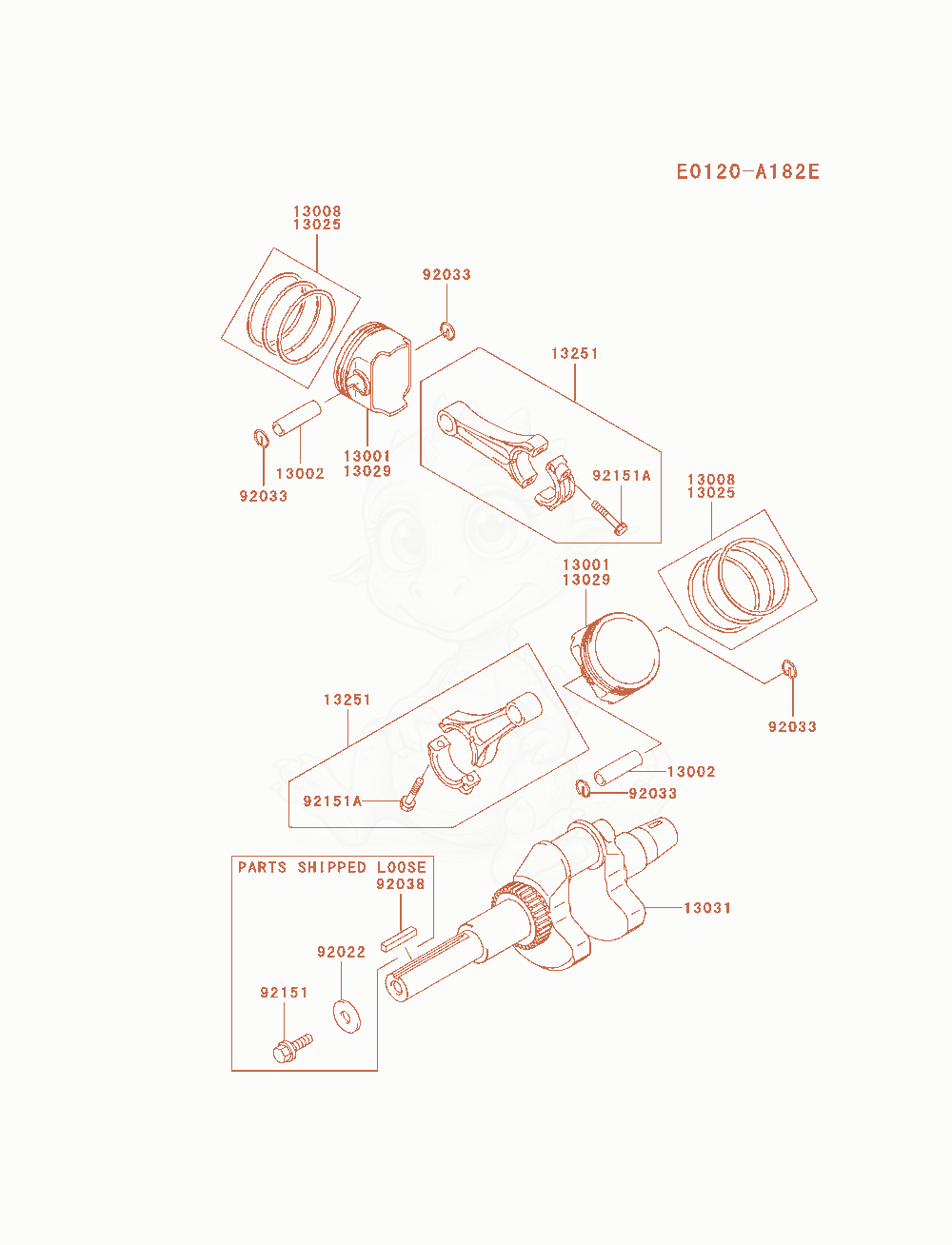 Despiece del Piston / Crankshaft de un motor Kawasaki FH680D-BS08, con globos numerados