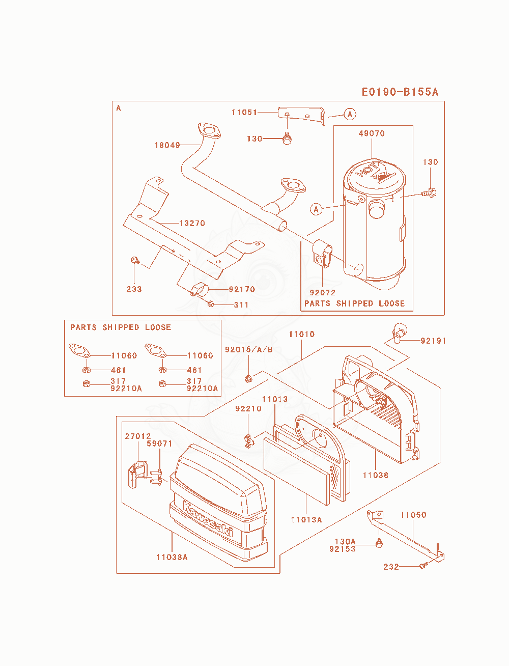 Despiece del Air-Filter / Muffler de un motor Kawasaki FH580V-AS16, con globos numerados