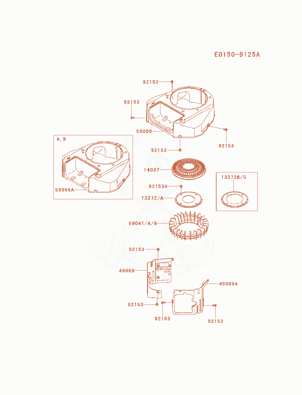 Despiece del Cooling-Equipment de un motor Kawasaki FS481V-AS24, con globos numerados