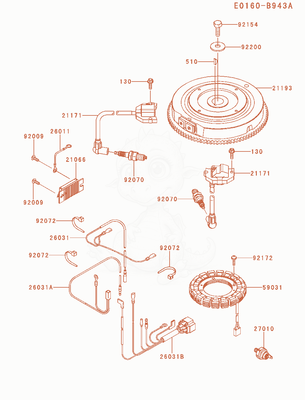 Despiece del Electric-Equipment de un motor Kawasaki FS600V-AS29, con globos numerados