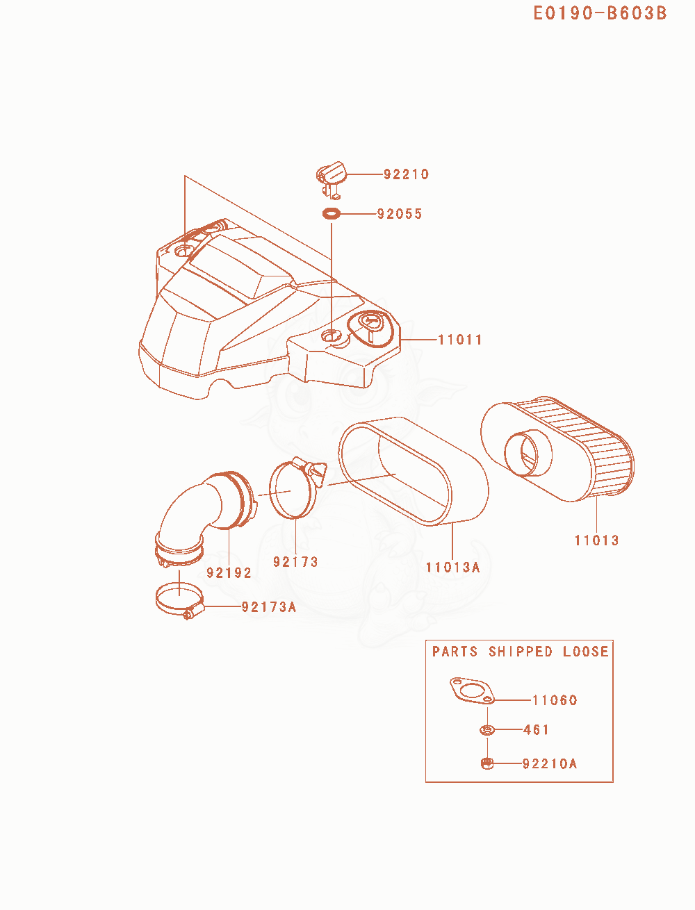 Despiece del Air-Filter / Muffler de un motor Kawasaki FS730V-AS01, con globos numerados
