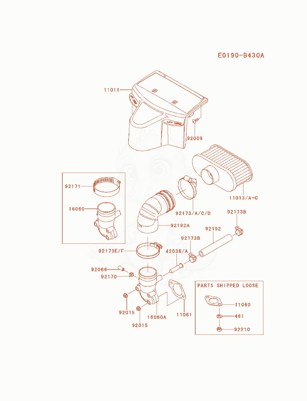 Despiece del Air-Filter / Muffler de un motor Kawasaki FR730V-BS04, con globos numerados