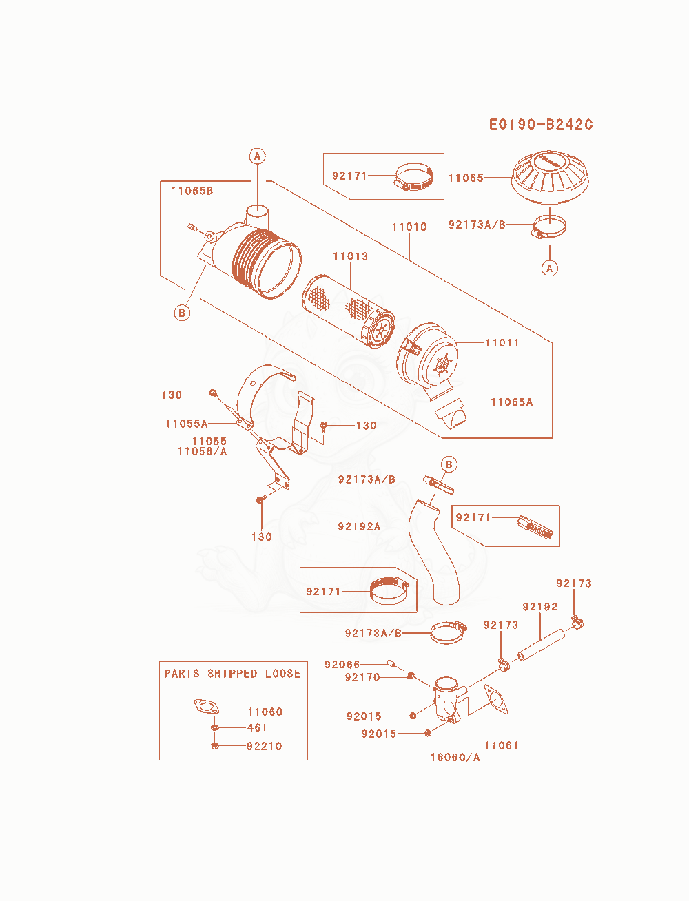 Despiece del Air-Filter / Muffler de un motor Kawasaki FX600V-AS06, con globos numerados