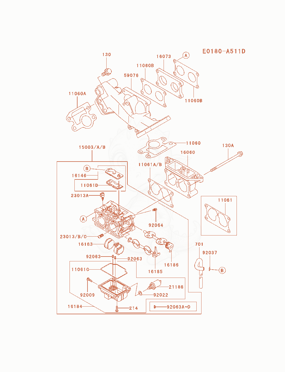Despiece del Carburetor de un motor Kawasaki FD750D-AS02, con globos numerados