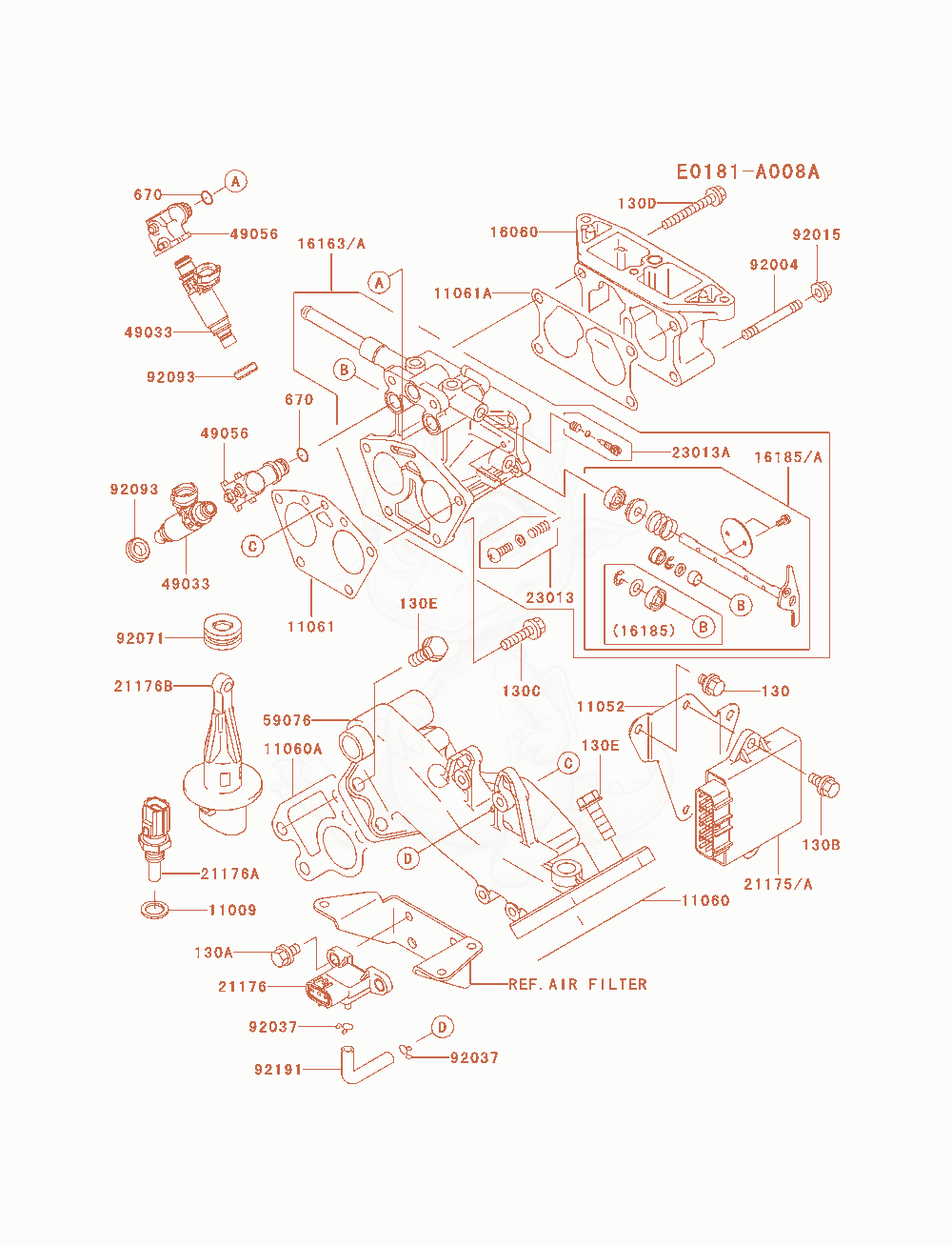 Despiece del Throttle-Equipment de un motor Kawasaki FD791D-AS03, con globos numerados