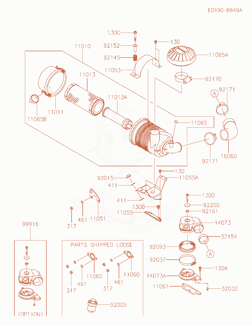 Exploded parts diagram of the Air-Filter / Muffler of a Kawasaki FD851D-PS02 engine, with numbered balloons
