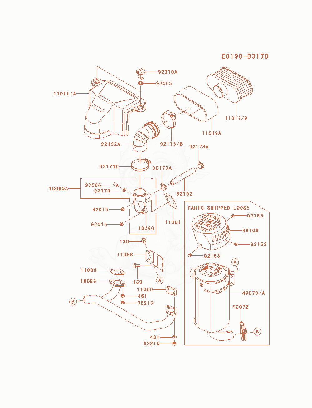 Despiece del Air-Filter / Muffler de un motor Kawasaki FS541V-AS25, con globos numerados