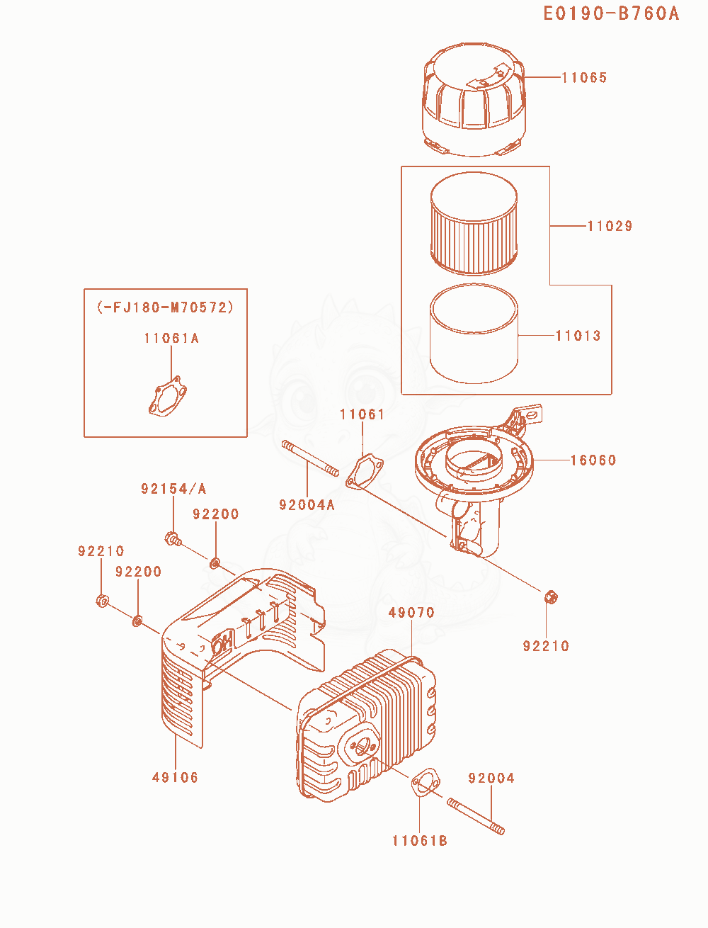 Exploded parts diagram of the Air-Filter / Muffler of a Kawasaki FJ180V-AM76 engine, with numbered balloons