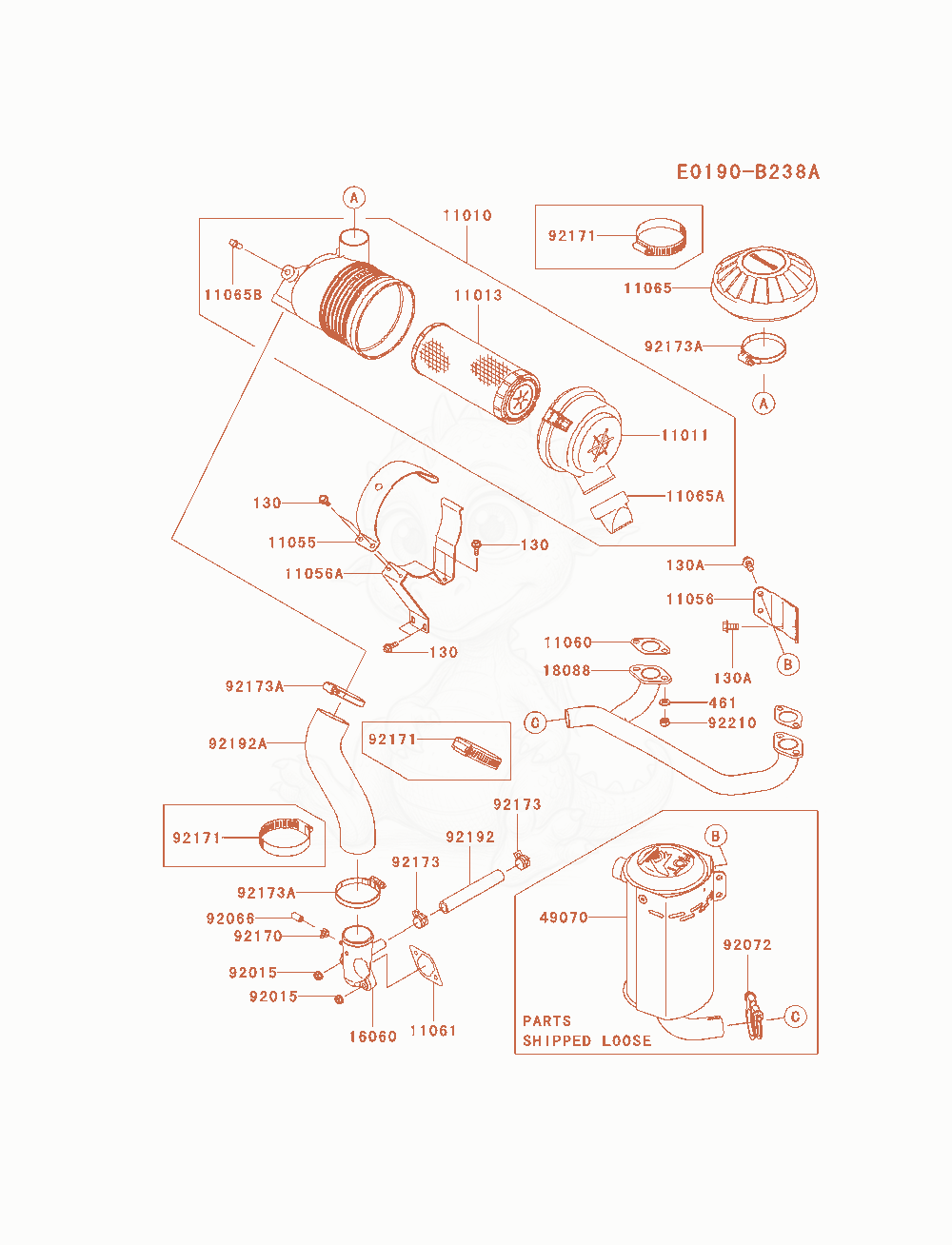 Despiece del Air-Filter / Muffler de un motor Kawasaki FX481V-AS06, con globos numerados