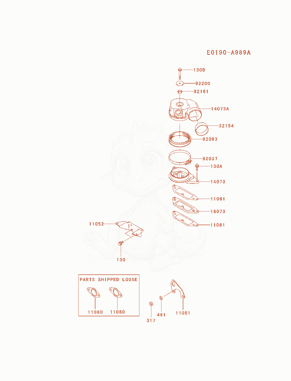 Despiece del Air-Filter / Muffler de un motor Kawasaki FD791D-AS07, con globos numerados