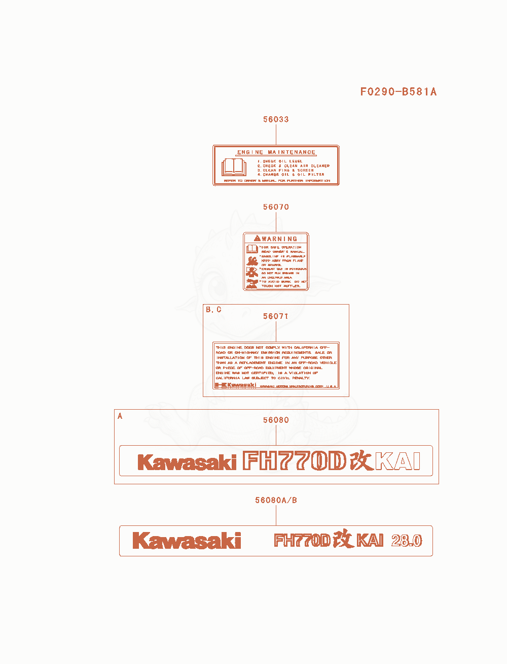 Exploded parts diagram of the Label of a Kawasaki FH770D-DS05 engine, with numbered balloons