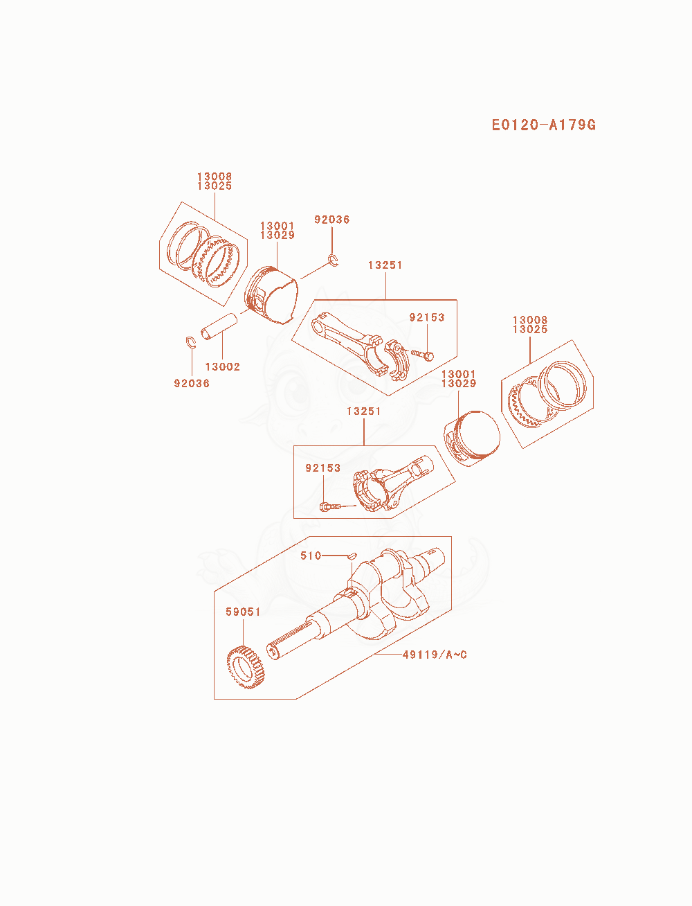 Despiece del Piston / Crankshaft de un motor Kawasaki FD791D-BS05, con globos numerados