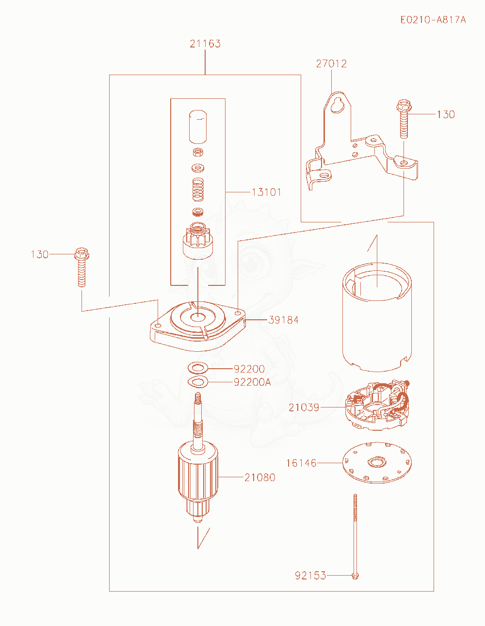 Despiece del Starter de un motor Kawasaki FT651V-AS04, con globos numerados