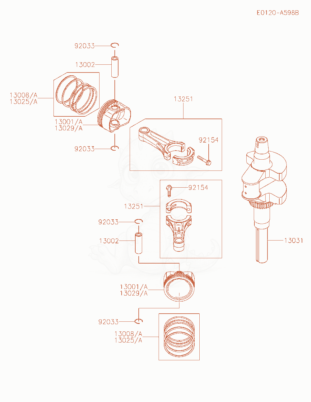 Exploded parts diagram of the Piston / Crankshaft of a Kawasaki FR730V-GS14 engine, with numbered balloons