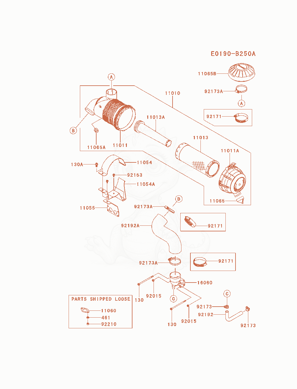 Despiece del Air-Filter / Muffler de un motor Kawasaki FX801V-AS08, con globos numerados