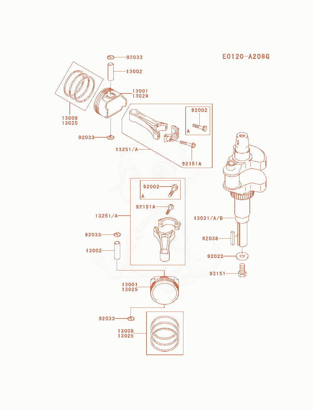 Despiece del Piston / Crankshaft de un motor Kawasaki FH721V-AS01, con globos numerados
