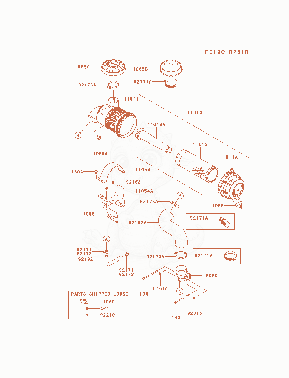 Despiece del Air-Filter / Muffler de un motor Kawasaki FX751V-AS07, con globos numerados