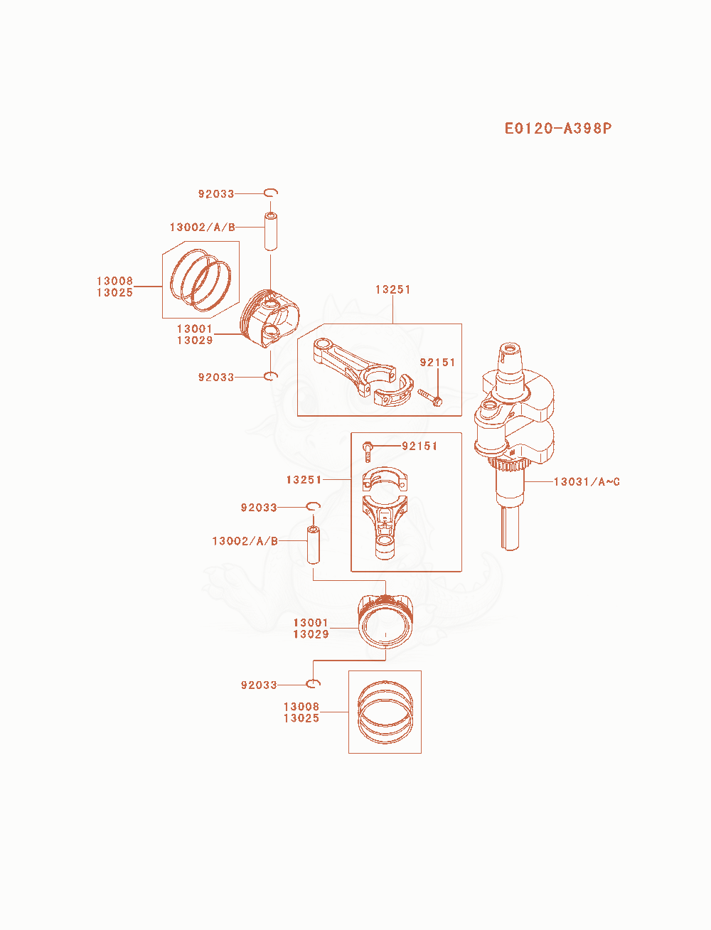 Exploded parts diagram of the Piston / Crankshaft of a Kawasaki FX691V-AS13 engine, with numbered balloons