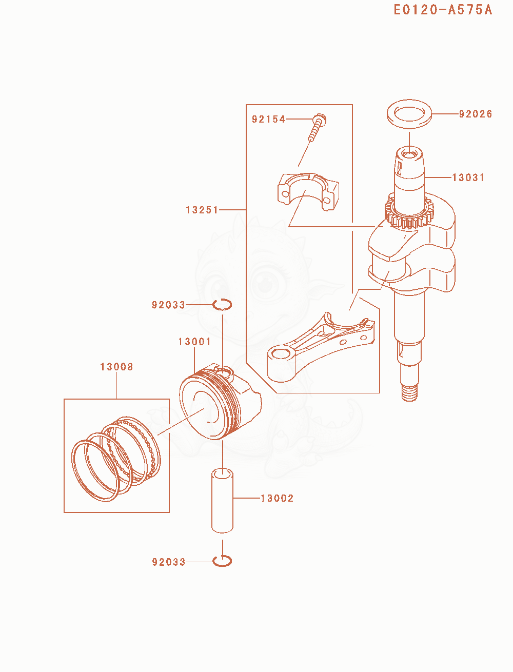Despiece del Piston / Crankshaft de un motor Kawasaki FJ180V-AM25, con globos numerados