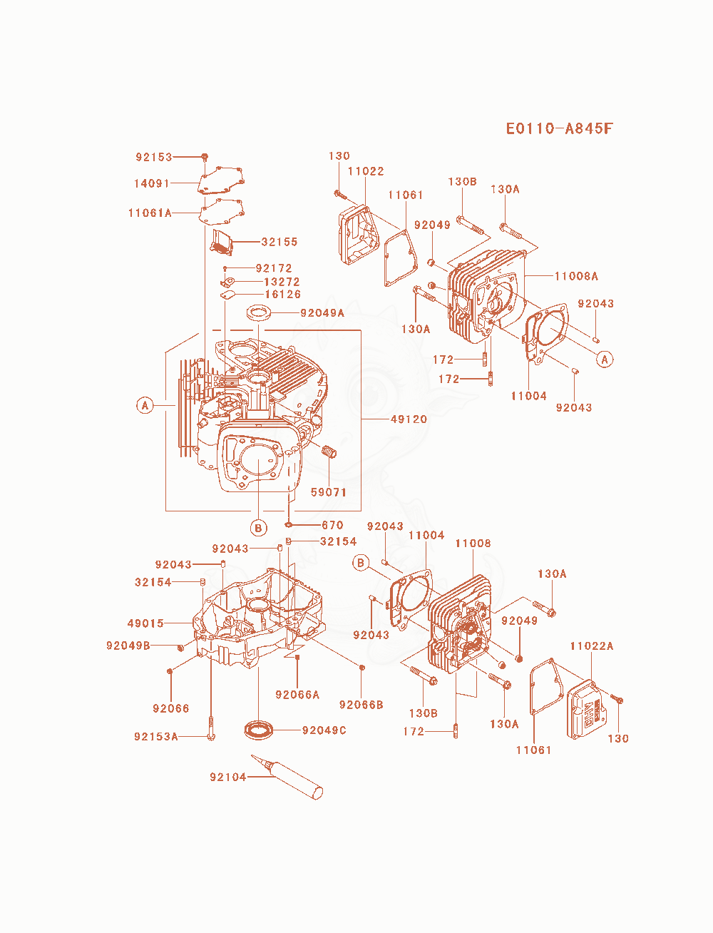 Despiece del Cylinder / Crankcase de un motor Kawasaki FR651V-AS30, con globos numerados