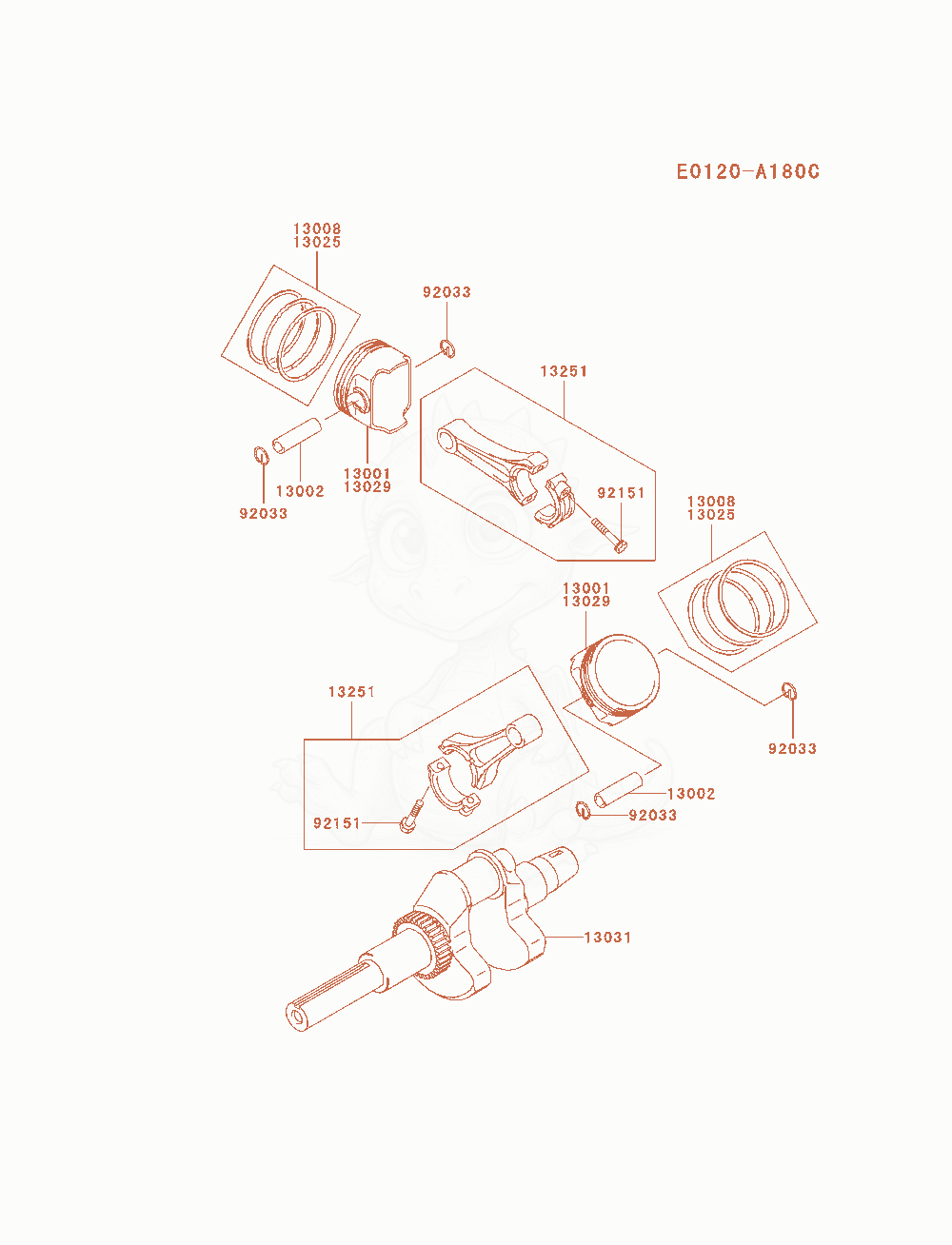 Despiece del Piston / Crankshaft de un motor Kawasaki FH680D-AS05, con globos numerados