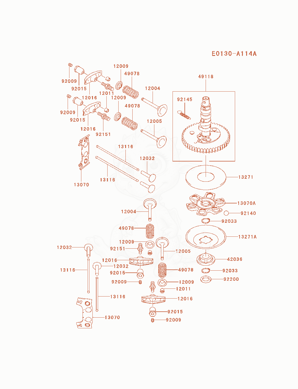Despiece del Valve / Camshaft de un motor Kawasaki FH580V-AS11, con globos numerados