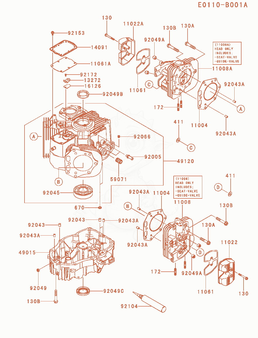 Despiece del Cylinder / Crankcase de un motor Kawasaki FX751V-AS11, con globos numerados