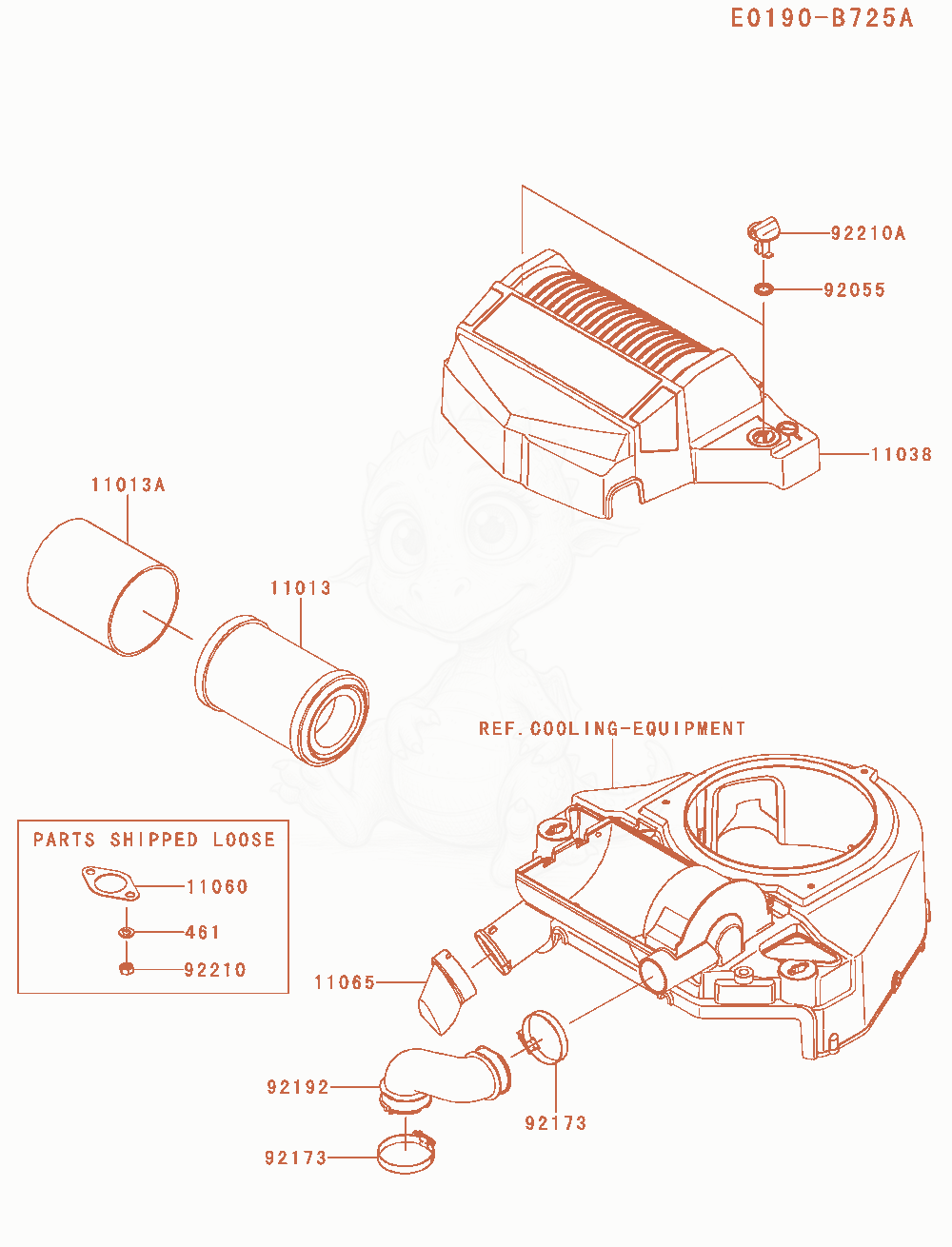 Despiece del Air-Filter / Muffler de un motor Kawasaki FT730V-AS41, con globos numerados